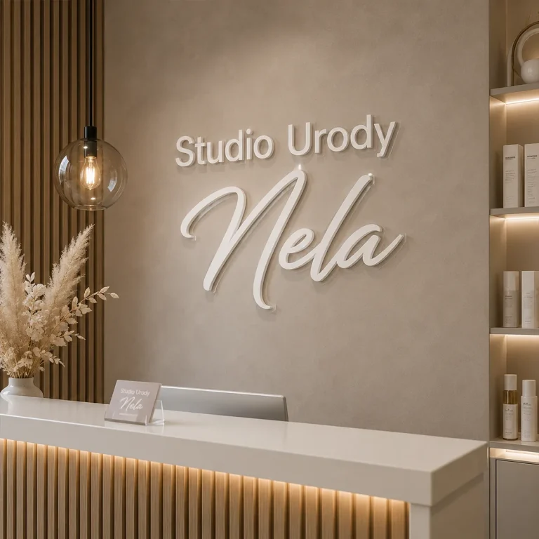 Napis z mlecznej plexi zamontowany na ścianie recepcji studia urody