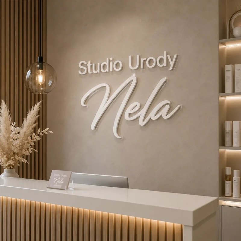 Napis z mlecznej plexi zamontowany na ścianie recepcji studia urody