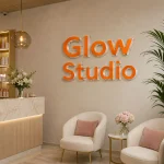 Wielowarstwowe litery z pomarańczowej plexi na ścianie salonu