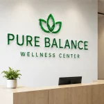 Przestrzenne zielone litery z plexi jako logo w recepcji wellness