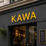 Żółty napis przestrzenny z plexi zamontowany nad wejściem do kawiarni