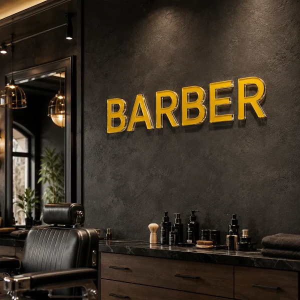 Wielowarstwowy żółty napis z plexi na ciemnej ścianie salonu barberskiego