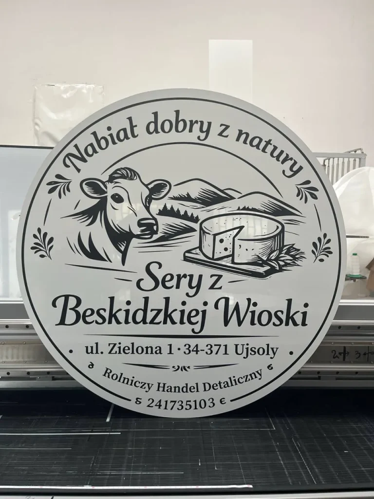 Szyld reklamowy okrągły dla producenta regionalnych serów
