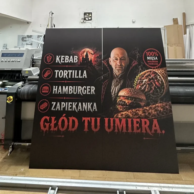 Czarny szyld z dibondu z ofertą lokalu gastronomicznego