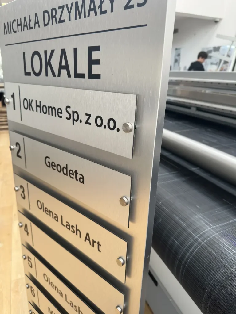 Pionowa tablica informacyjna zbiorcza z Dibond z listą lokali
