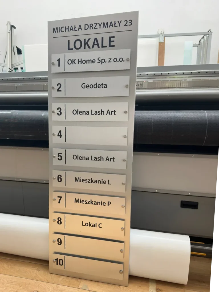 Pionowa tablica zbiorcza Dibond z dziesięcioma lokalami