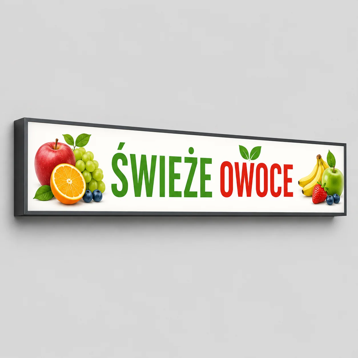Kaseton LED w profilu aluminiowym – sklep ze świeżymi owocami Kaseton reklamowy LED profil aluminiowy z grafiką świeżych owoców