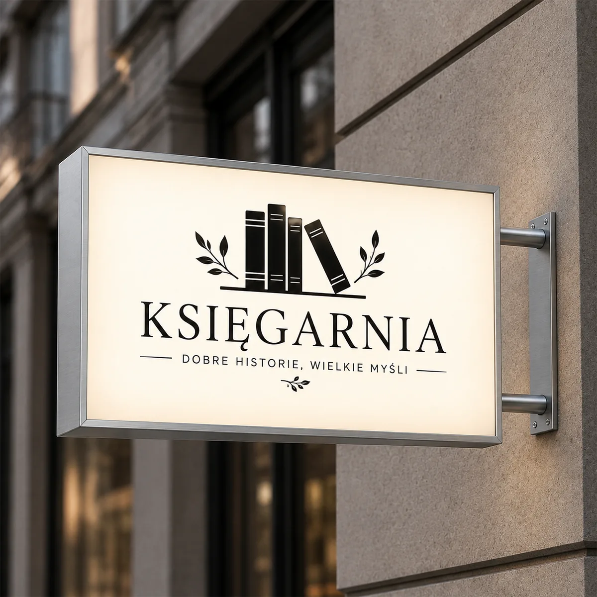 Kaseton reklamowy dwustronny 50x30 cm srebrny szczotkowany – księgarnia Dwustronny kaseton reklamowy 50x30 cm srebrny szczotkowany dla księgarni