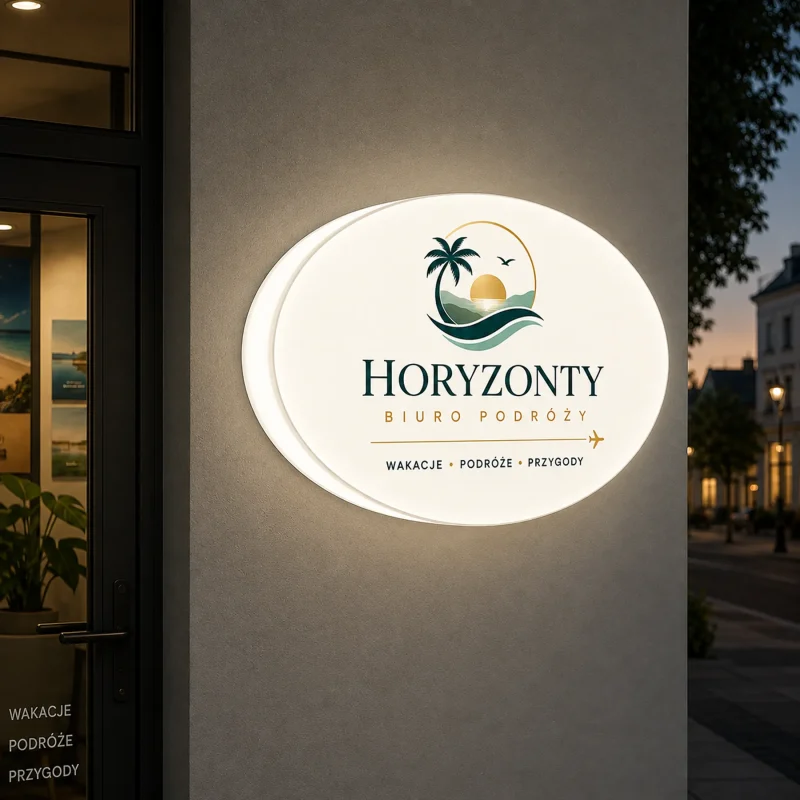 Podświetlany kaseton owalny z plexi z logo biura podróży