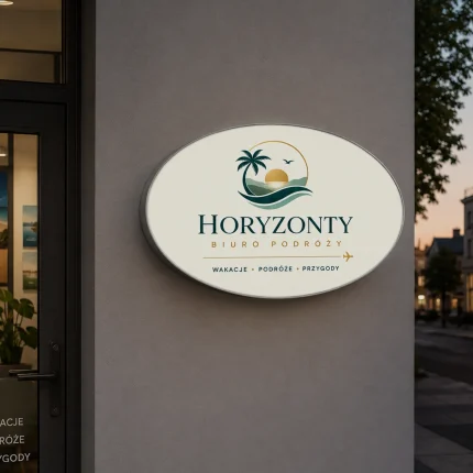 Owalny kaseton reklamowy na elewacji biura podróży