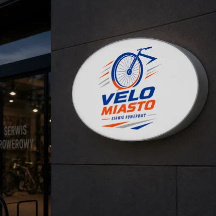 Owalny kaseton reklamowy na elewacji wypożyczalni rowerów
