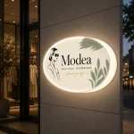 Owalny kaseton z plexi z podświetleniem LED przed showroomem