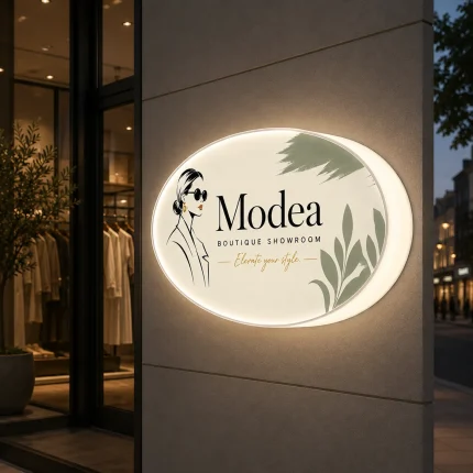 Owalny kaseton z plexi z podświetleniem LED przed showroomem