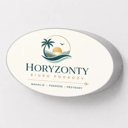 Owalny kaseton reklamowy z obudową z dibondu srebrny szczotkowany