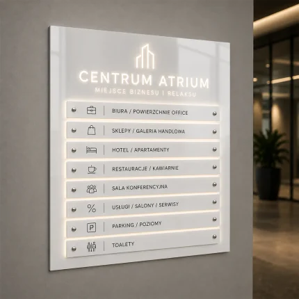 Biała tablica informacyjna Dibond LED z wymiennymi panelami, efektem Halo i podświetleniem