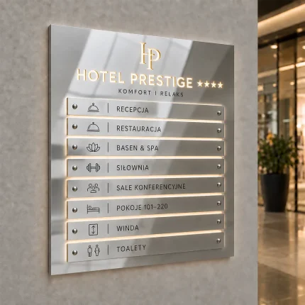 Lustrzana srebrna tablica informacyjna Dibond LED z Halo, podświetleniem i wymiennymi panelami