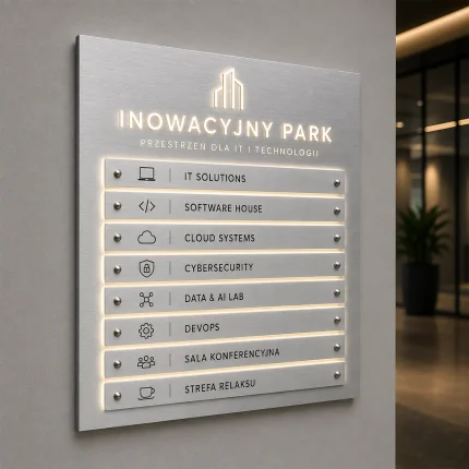 Tablica informacyjna Dibond LED w kolorze srebrnym szczotkowanym z Halo i wymiennymi panelami