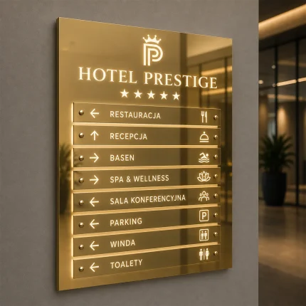 Lustrzana złota tablica informacyjna Dibond LED z Halo, podświetleniem i wymiennymi panelami