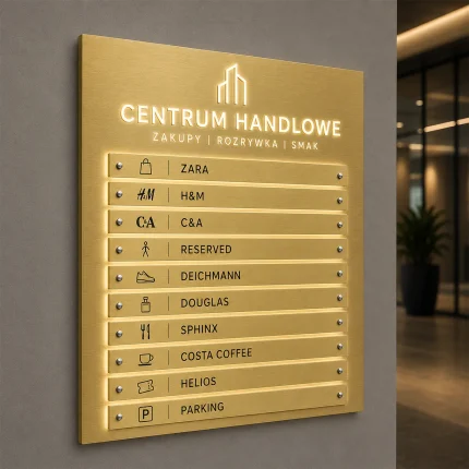 Tablica Dibond LED szczotkowane złoto – Halo, podświetlane elementy i wymienne panele