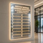 Srebrna lustrzana tablica informacyjna LED z panelami i efektem Halo