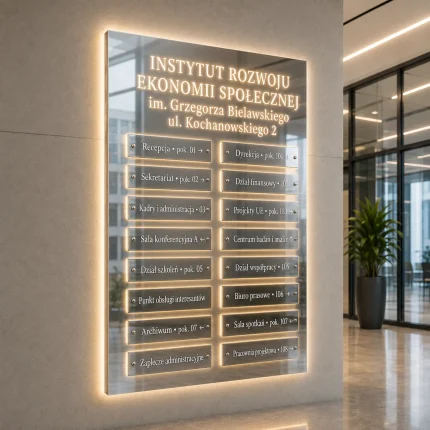 Srebrna lustrzana tablica informacyjna LED z panelami i efektem Halo
