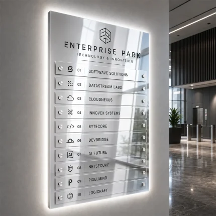 Lustrzana srebrna tablica informacyjna LED z wymiennymi panelami i światłem halo