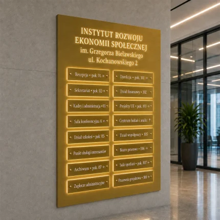 Tablica informacyjna LED z panelami ze złotego szczotkowanego Dibondu