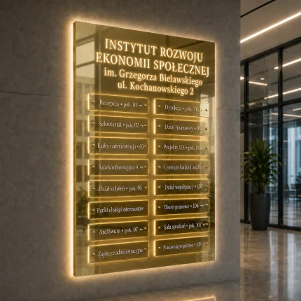 Złota lustrzana tablica informacyjna LED z panelami i efektem Halo