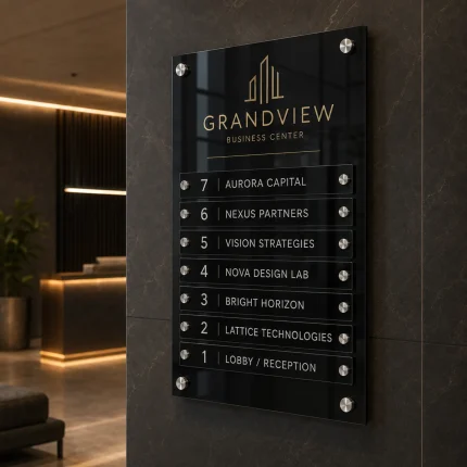 Elegancka tablica informacyjna z plexi do centrum biznesowego