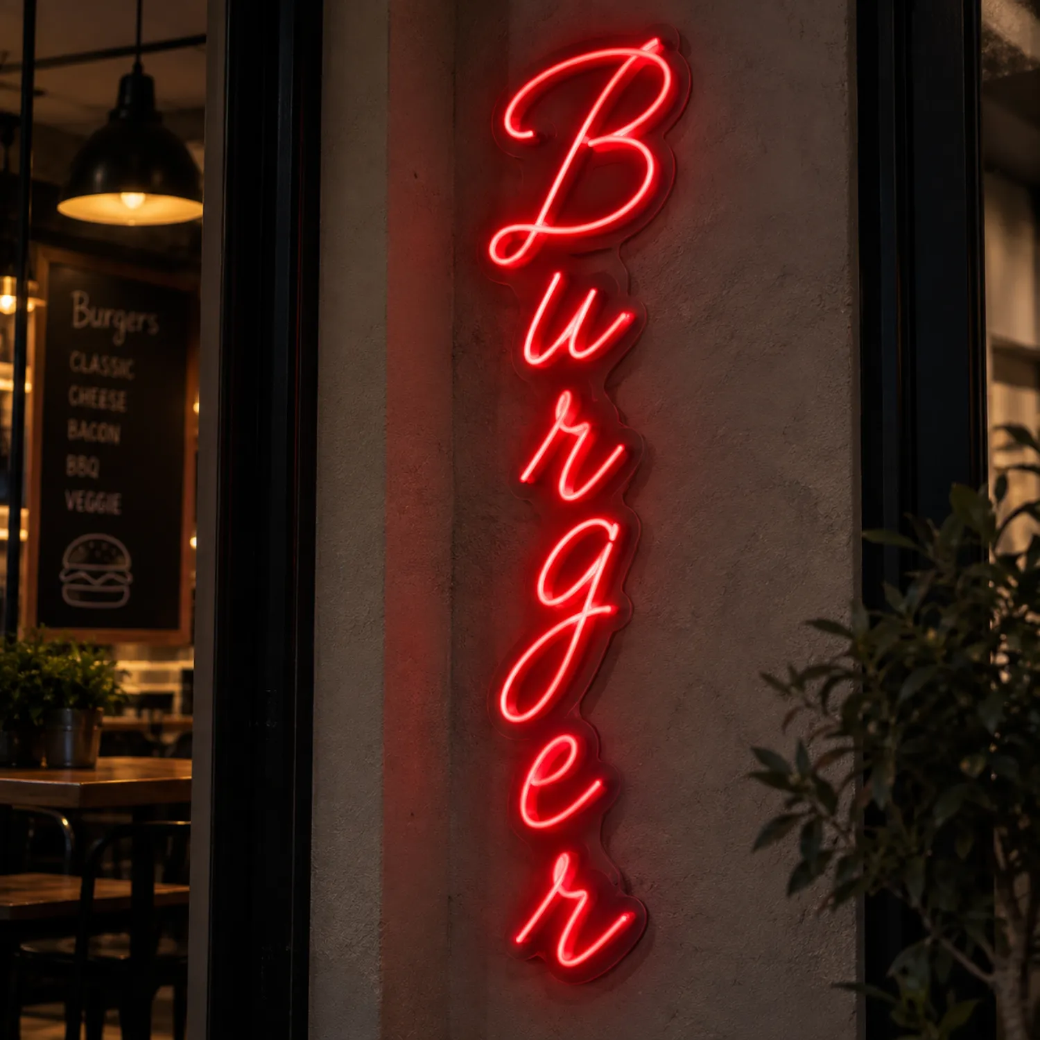 Pionowy napis neonowy BURGER – reklama świetlna lokalu Czerwony neon BURGER – napis LED do burgerowni i restauracji