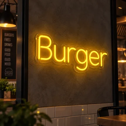Żółty napis LED BURGER – neon reklamowy do gastronomii