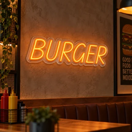 Pomarańczowy neon BURGER – dekoracyjny napis do restauracji