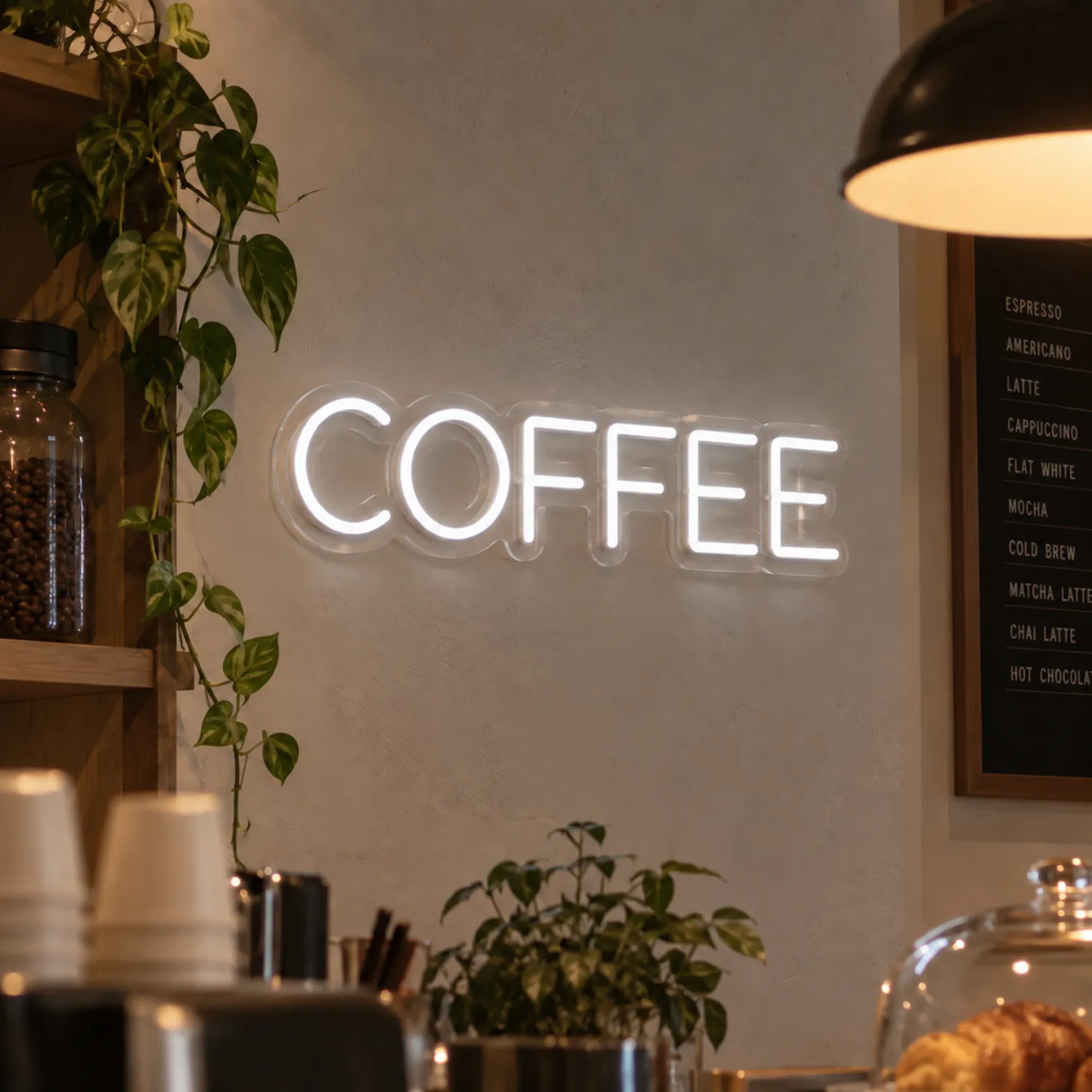 Napis neonowy do kawiarni i coffee shopu – białe LED Biały neon LED do kawiarni – dekoracyjny napis reklamowy