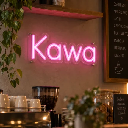 Różowy napis LED KAWA – neon reklamowy do kawiarni