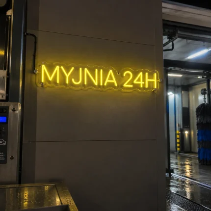 Żółty neon MYJNIA 24H – napis LED do myjni samochodowej