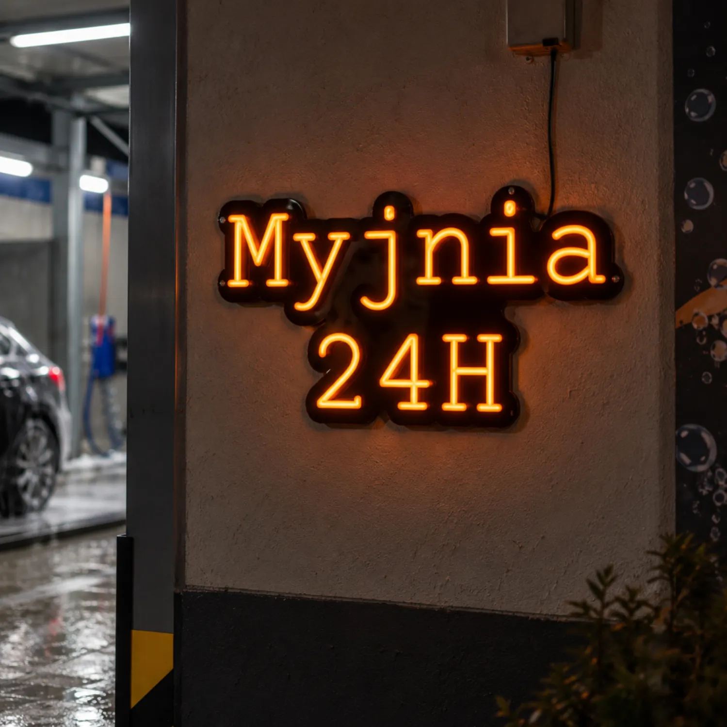 Szyld neonowy MYJNIA 24H – podświetlana reklama motoryzacyjna Pomarańczowy napis LED MYJNIA 24H – neon reklamowy do myjni