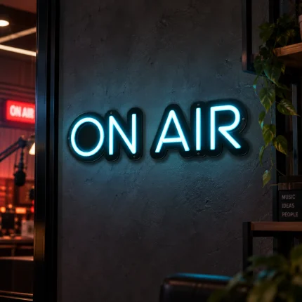 Różowy napis LED ON AIR – neon dekoracyjny do studia nagrań