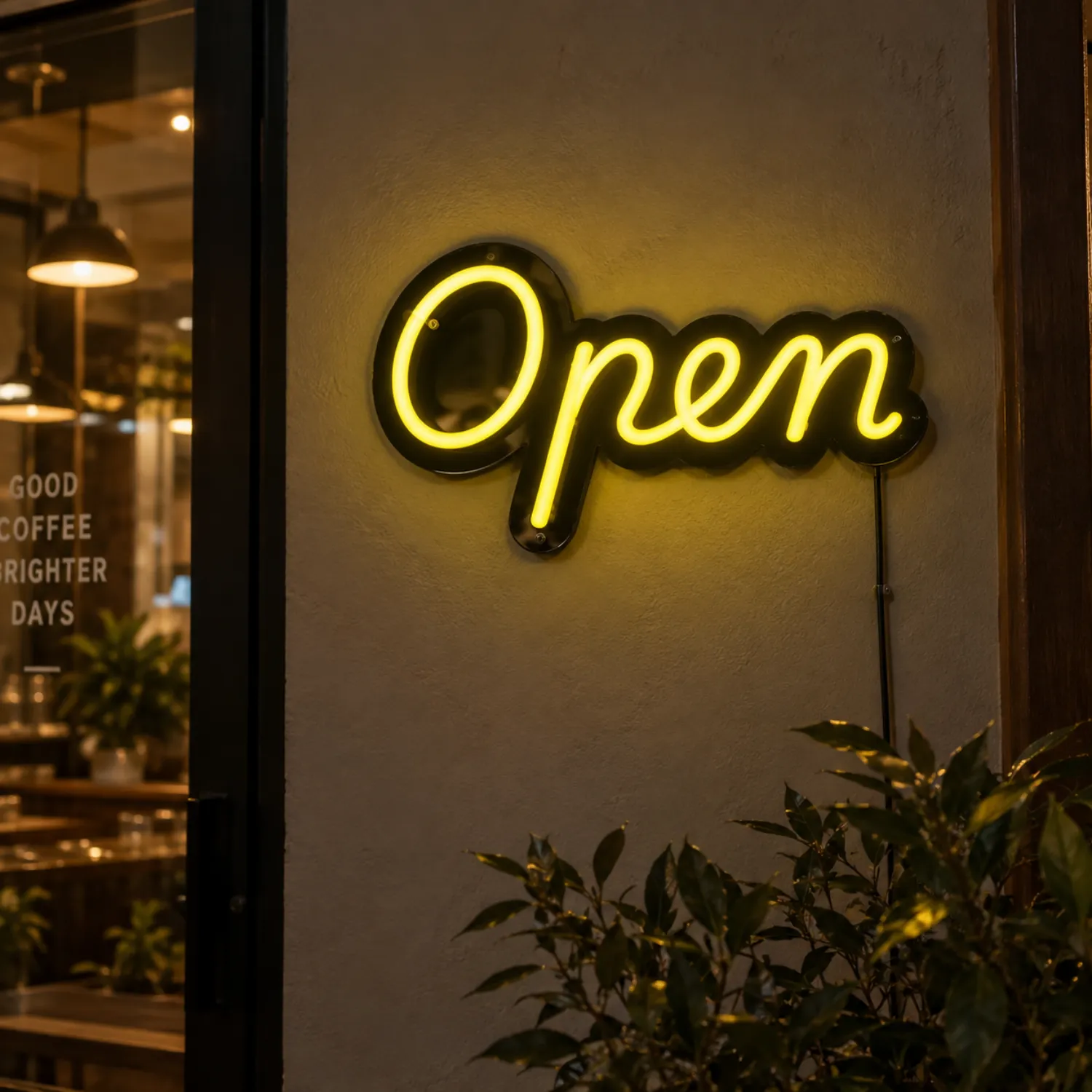 Neonowy napis OPEN na ścianę – podświetlana dekoracja LED Żółty neon LED OPEN – reklama świetlna do sklepu i lokalu