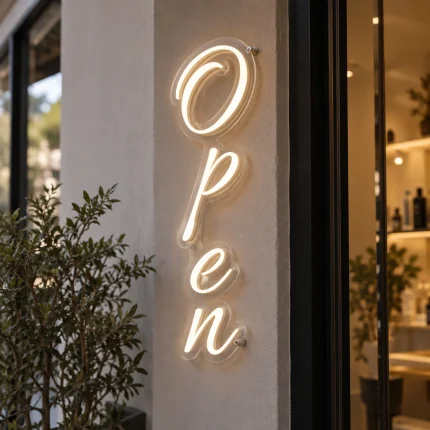 Pionowy napis LED OPEN – elegancki neon do wejścia