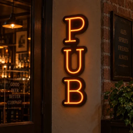 Pomarańczowy neon PUB – pionowy napis LED do baru i lokalu