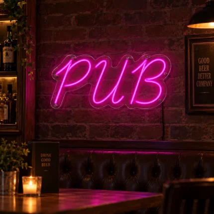Różowy neon PUB – dekoracyjny napis LED do wnętrza baru