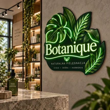 Zielone logo Botanique z LED i dekoracyjnym motywem roślinnym