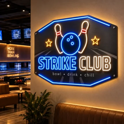 Logo Strike Club z niebieskim LED, kręglami i nadrukiem UV