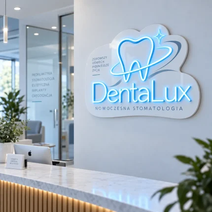 Logo DentalLux z niebieskim LED i grafiką zęba na jasnym szyldzie