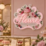 Różowe logo Fleure z LED, kwiatami i nadrukowaną grafiką słodkości