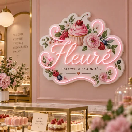 Różowe logo Fleure z LED, kwiatami i nadrukowaną grafiką słodkości