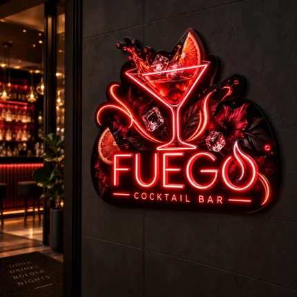 Czerwone logo Fuego Cocktail Bar z LED i grafiką kieliszka