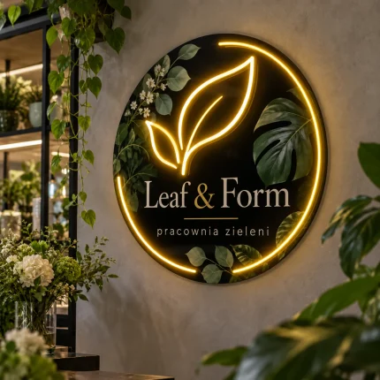 Okrągłe logo Leaf & Form z ciepłym LED i motywem roślinnym