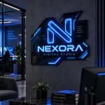 Niebieskie logo Nexora Digital Studio z futurystycznym podświetleniem LED