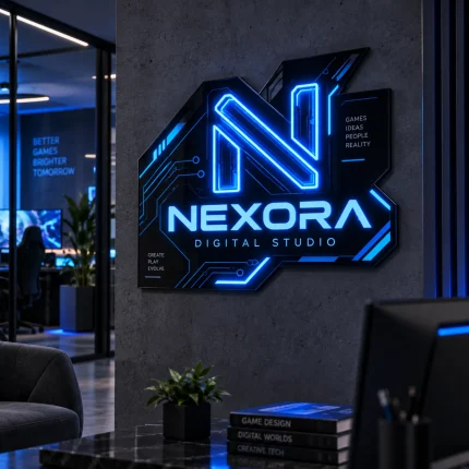 Niebieskie logo Nexora Digital Studio z futurystycznym podświetleniem LED